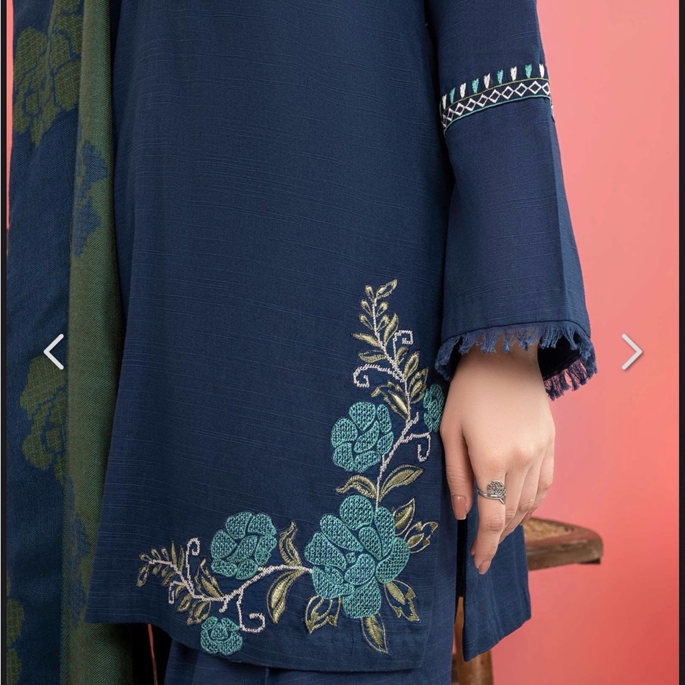 Women’s Navy Embroidered Long Sleeve Dress with Printed Shawl - Picture 2 of 7